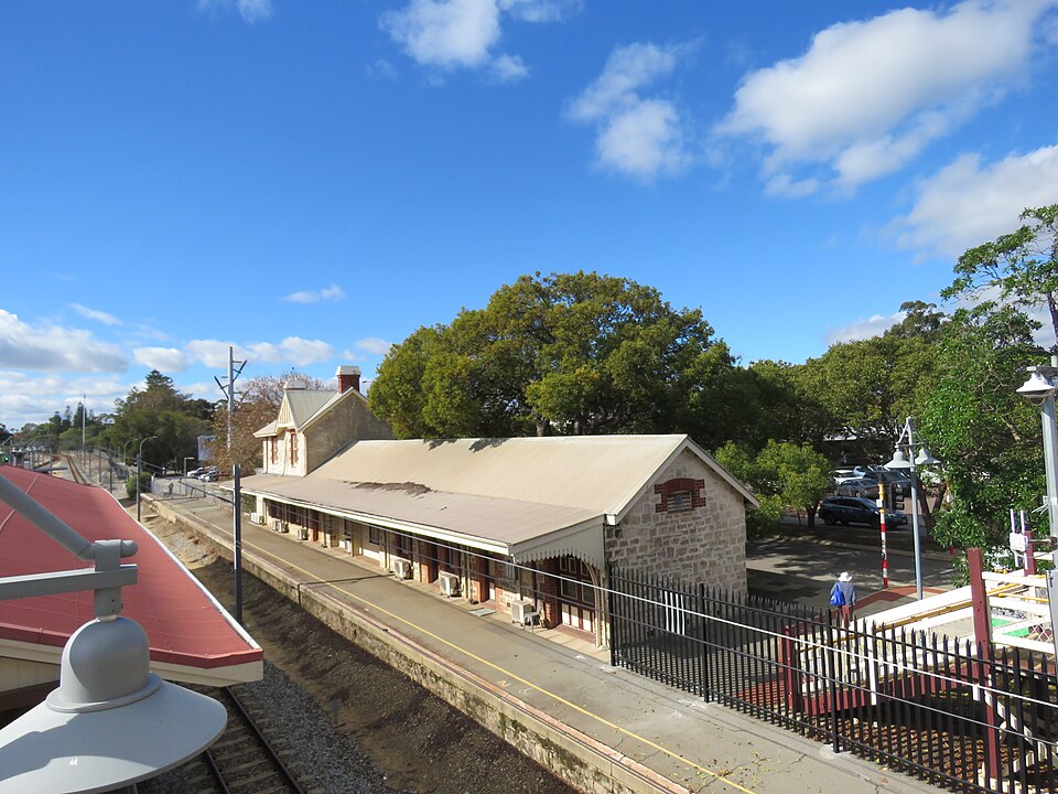 Claremont railway station building and platform, photographed in June 2026.