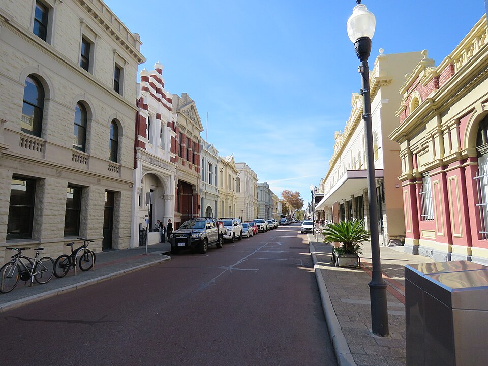 Heritage shopfronts along High Street in Fremantle, viewed from Cliff Street.