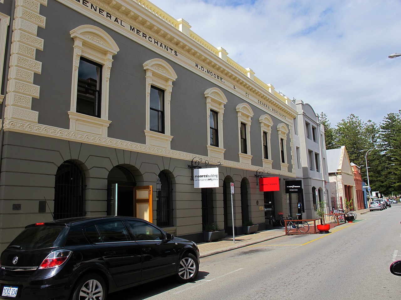 Historic Moores Building façade and entrances on Henry Street, Fremantle.