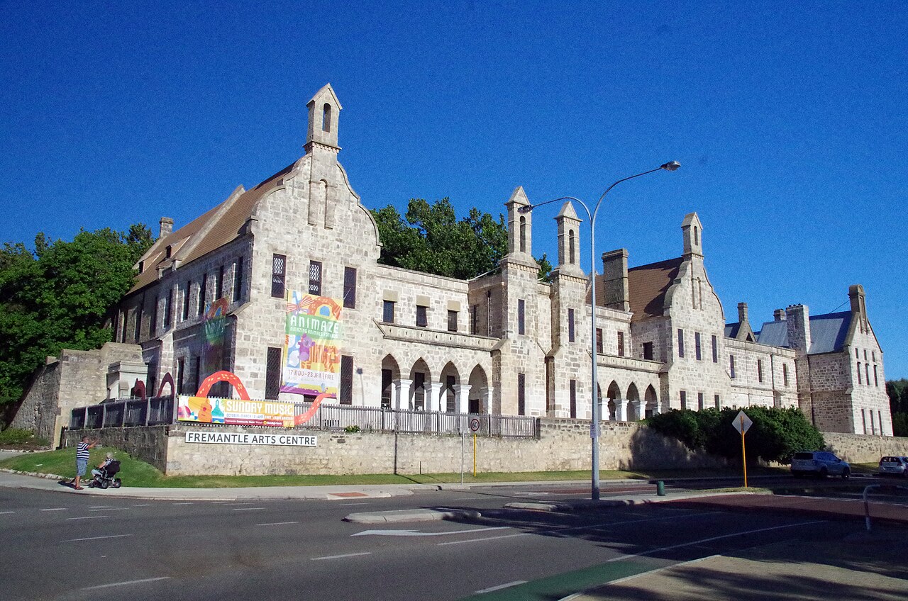 Limestone façade of Fremantle Arts Centre, photographed from the street in 2019.
