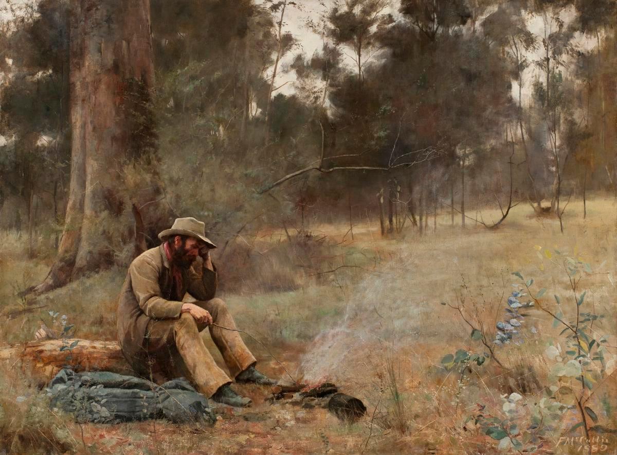 Frederick McCubbin's 1889 painting Down on his luck, showing a seated prospector beside a campfire