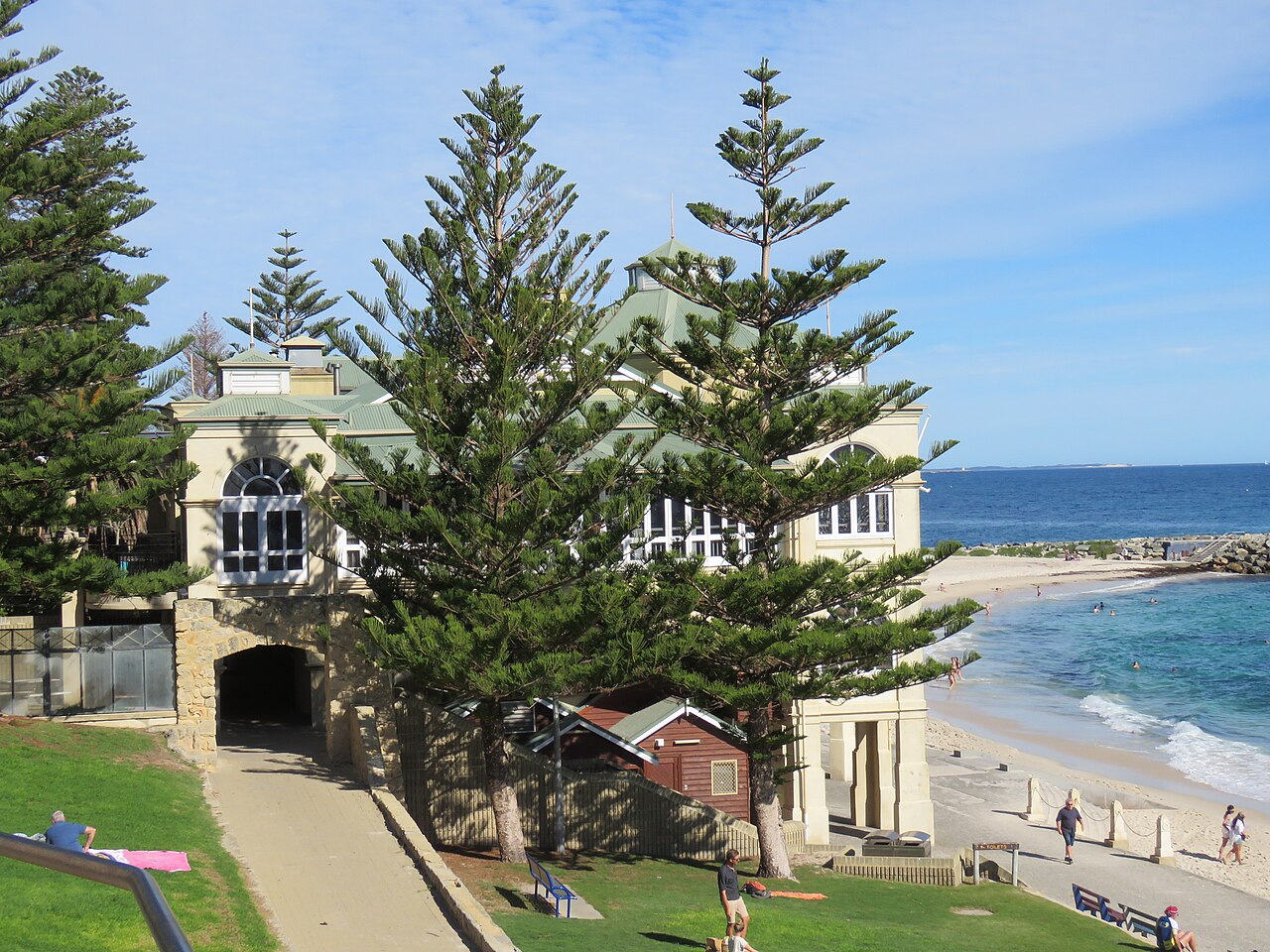 Grass and pine trees beside Indiana, with Cottesloe Beach below.
