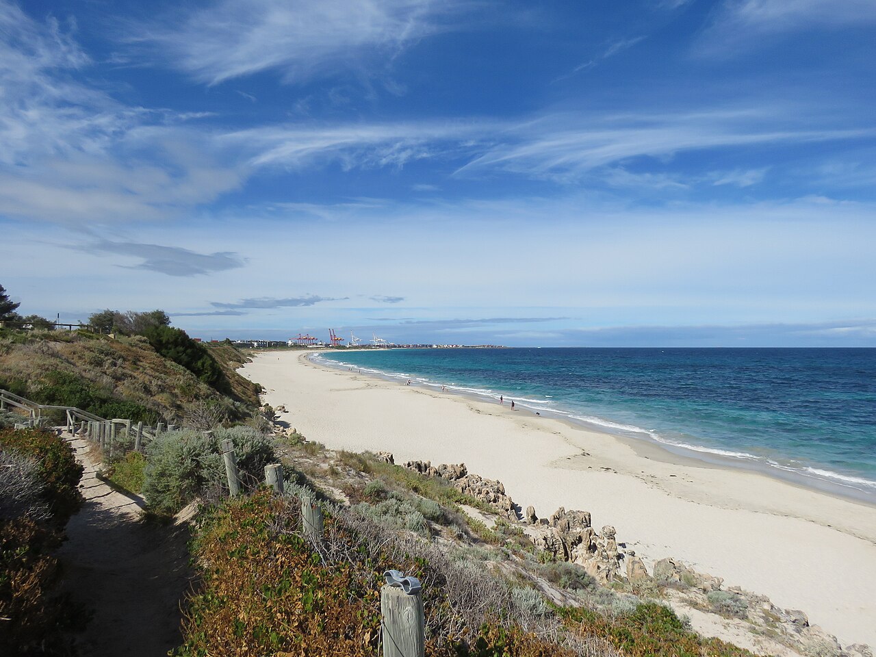 Coastline along Mosman and Leighton beaches towards Fremantle harbour cranes.