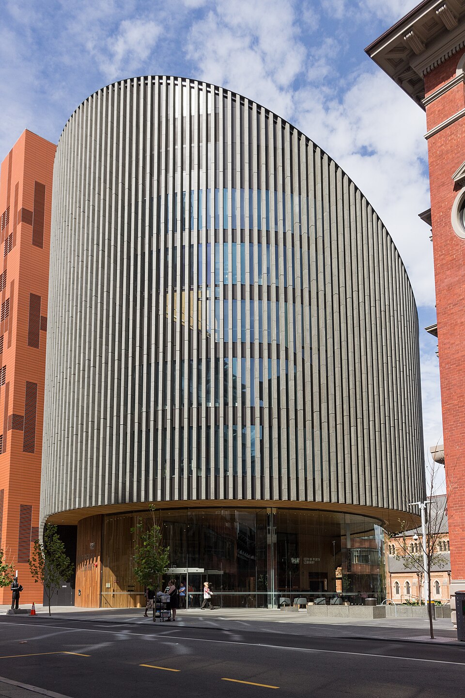 Modern exterior of the City of Perth Library near Cathedral Square.
