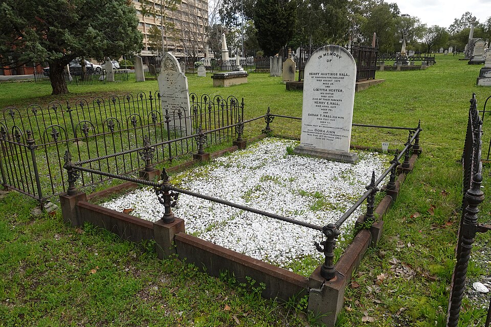Historic headstones and a fenced grave plot in East Perth Cemeteries.