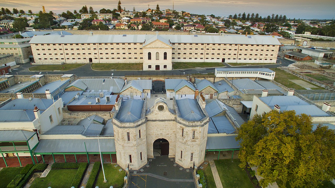 Elevated view across Fremantle Prison gatehouse to the Main Cell Block