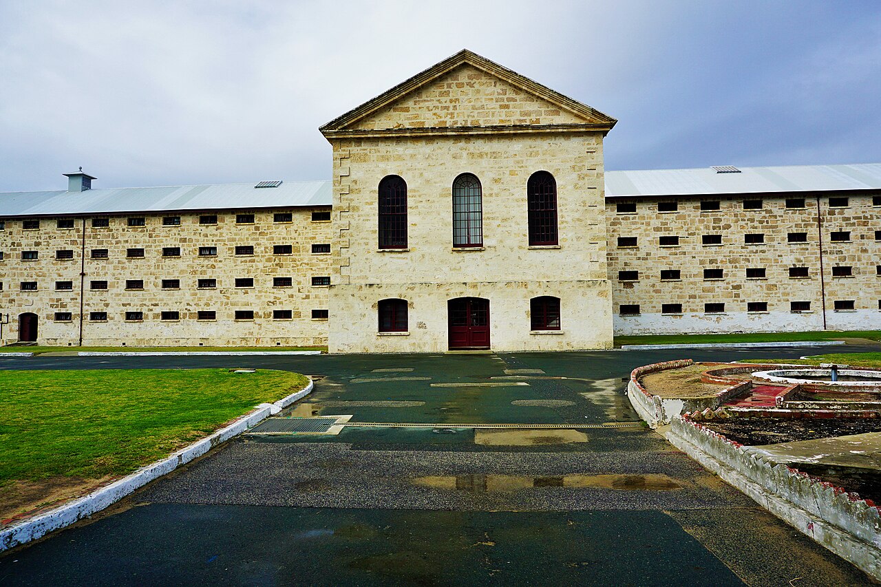 Limestone facade of Fremantle Prison's Main Cell Block