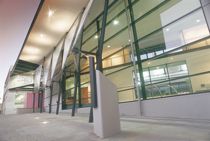 Archive view of the glass entrance and covered walkway at the creative arts building at 12 Aberdeen Street in Perth.