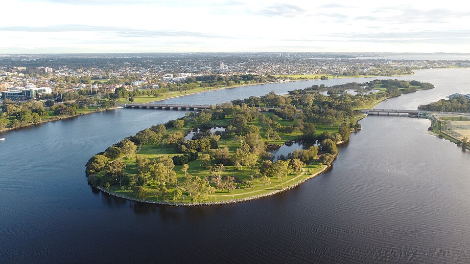 Aerial view of Heirisson Island between two river channels