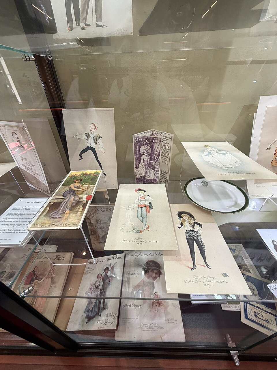 Theatre memorabilia displayed behind glass at His Majesty’s Theatre.