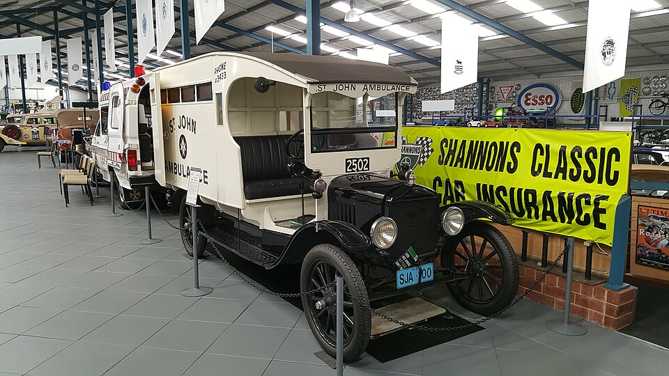 Historic Ford Model T ambulance inside the Motor Museum of WA.
