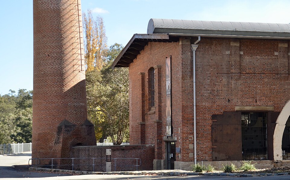 No 1 Pump Station brick exterior and tall chimney at Mundaring Weir.