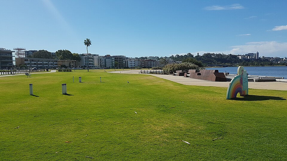 Open lawn and path along the South Perth riverfront